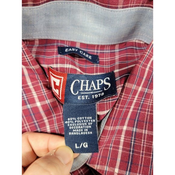 Chaps Button Up Shirt Mens Large Red Blue Plaid Long Sleeve Stretch Easy Care - Picture 5 of 6